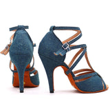 Xajzpa Denim Fabric Women Professional Latin Dance Shoes Salsa Ballroom Samba Dance Shoes Ladies High Heels Soft  Heel 5-10cm