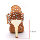 Xajzpa Satin Upper Rhinestones Sandals Dance Shoes Latin Ballroom Shoes Women Gold Heel 85mm Girls Dance Shoes Latin