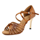 Xajzpa Satin Upper Rhinestones Sandals Dance Shoes Latin Ballroom Shoes Women Gold Heel 85mm Girls Dance Shoes Latin