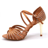 Xajzpa Satin Upper Rhinestones Sandals Dance Shoes Latin Ballroom Shoes Women Gold Heel 85mm Girls Dance Shoes Latin
