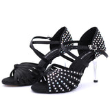 Xajzpa Satin Upper Rhinestones Sandals Dance Shoes Latin Ballroom Shoes Women Gold Heel 85mm Girls Dance Shoes Latin