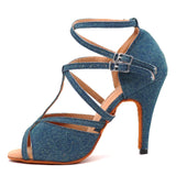 Xajzpa Denim Fabric Women Professional Latin Dance Shoes Salsa Ballroom Samba Dance Shoes Ladies High Heels Soft  Heel 5-10cm
