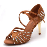 Xajzpa Satin Upper Rhinestones Sandals Dance Shoes Latin Ballroom Shoes Women Gold Heel 85mm Girls Dance Shoes Latin