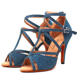 Xajzpa Denim Fabric Women Professional Latin Dance Shoes Salsa Ballroom Samba Dance Shoes Ladies High Heels Soft  Heel 5-10cm