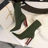 Xajzpa Size 42 43 Women Ankle Boots Square High Heels Pumps Fall Fashion Comfort Stretch Fabric Sock Boot Femme Party Dress Shoes