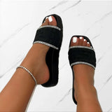 Large Size Simple Beach Flat Sandals Summer New Thick-soled One-line Rhinestone Slippers for Women