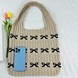 Xajzpa Knitted Handbags Large Capacity Bow Pattern Crochet Tote Bag Bow Pattern Crochet Tote Bag Multifunctional Knitted Shopping Bag