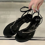 Xajzpa Summer Fashion Clip Toe Sandals Women Buckle Strap Thin Low Heels Chain Narrow Band Silver Party Dress Shoes