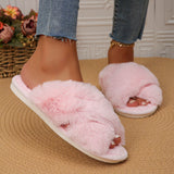 Xajzpa Faux Fur Corss Band Fuzzy Slippers Women Winter Warm Plush Indoor Fluffy Shoes Woman Soft Sole Open Toe Home Cotton Slippers