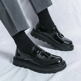 Fashion Thick Bottom Men's Business Patent Leather Shoes Slip-on Tassel Shoes Student Shoes Office Loafers Black Shoes Kerae
