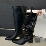 Xajzpa Winter Black Punk Round Toe Knee-High Women Boots Square Heels Buckle Strap Ladies Booties Shoes Zapatillas De Mujer