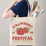 1pc Cute Strawberry Pattern Tote Bag, Casual Canvas Shopping Bag, Reusable Grocery Shoulder Bag