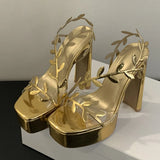 Xajzpa Summer Fashion Patent Leather Gold Leaf Women Sandals Elegant Square Toe Platform High Heels Wedding Banquet Shoes Size 42