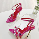 Xajzpa Summer Fashion Gem Rivet Narrow Band Women's Metal Thih High Heels Sandals Sexy Pointed Open Toe Party Dress Shoes Size 41