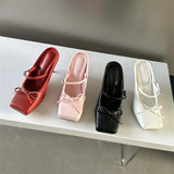 Xajzpa Bowknot Square Toe Women Slippers Pumps Sexy Buckle Strap Thin Heels Banquet Prom Mule Shoes