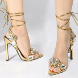 Xajzpa Sexy Ankle Strap Golded Sandals Women Party Nightclub Stripper Heels High Quality Crystal Diamond Pointed Toe Wedding Shoe