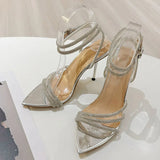 Xajzpa Fashion Glitter Crystal Ankle Strap Sandals Women Elegant Pointed Toe Rhinestone High Heels Wedding Prom Shoes Size 35-41
