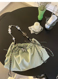 Y2k Women Green Fashion Nylon Beading Chain Drawstring Backpack Summer Travel Backpacks solid color large capacity shoulder bag