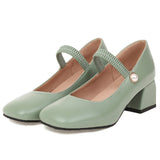 Xajzpa - Elegant Medium Heels Women Pumps Mary Jane Shoes New Spring White Blue Green Heeled Wedding Office Shoes Female Large Size