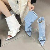 Xajzpa Fashion Street Style Design Flowers Peep Pointed Toe Women Ankle Boots Sandals Wedges High Heels Ladies Shoes