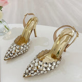 Xajzpa Elegant Pointed Toe Slingback Stiletto Sandals Crystal Diamonds Women Pumps High Heels Wedding Prom Shoes Zapatos Mujer