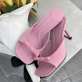 xajzpa Summer Fashion Butterfly-knot Satin Women Slipper Slip On Ladies Sandal Thin High Heel Outdoor Dress Slides Shoes