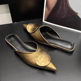 Xajzpa New Women Slippers Designer Flat Sandals Summer Slides Non-slip Metallic Color Fashion Footwear Brand Pointed Toe Mules Ladies