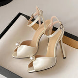 Xajzpa High Quality Cozy Silk Peep Toe 11CM Thin Heels Gladiator Sandals Women Fashion Pearl Designer Shoes Ankle Strap Sandalias