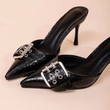 Xajzpa Pointed Toe Women's Mules Shoes Belt Buckle Black Patent Leather Stiletto High Heels Fashion Designer Summer Sandals for Ladies