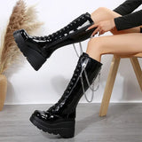 Xajzpa Winter High Heels Chain Chelsea Boots Platform Knee High Women Luxury Shoes Fashion New Trend Lace Up Wedges Zipper Boots