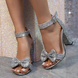 Xajzpa Fashion Sequined Bowknot Women Sandals Sexy Ankle Strap Gladiator High Heels Open Toe Party Dress Shoes Female Gold Silver