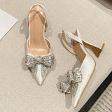 Xajzpa Fashion Sequined Crystal Bowknot Women Pumps Sexy Pointed Toe Red High Heels Wedding Banquet Shoes Ladies Slingback Sandal