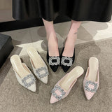 Xajzpa New Women's Shoes New Mules Women's High Heels Fashion Wedding Pump Women Rhinestone Pointed Toe Sandals Ladies Zapatos Mujer