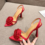 Xajzpa Summer Fashion Silk Rose Flowers Pointed Open Toe Back Strap Sandals Women Red High Heels Wedding Prom Shoes Zapatos Mujer