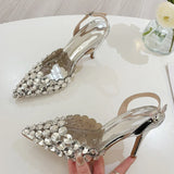 Xajzpa Elegant Pointed Toe Slingback Stiletto Sandals Crystal Diamonds Women Pumps High Heels Wedding Prom Shoes Zapatos Mujer