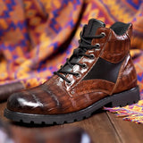 Xajzpa Men Shiny Mid-cut Boots Autumn Lace-up Crocodile Leather Men's Shoe Thick-soled Non-slip Motorcycle Ankle Boots Large Size 38-48