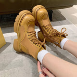 Xajzpa - 2023 Women Martin Boots Round Toe Boots Ankle Boots Lady Round Toe Cowboy Fashion Suede Square Heel Lace-up Martin Boots