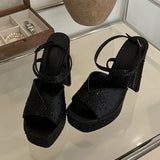 Xajzpa  Fashion Rhinestone High Heels Women Sexy Sandals Crystal Silk Ankle Strap Female Square Toe Chunky Platform Shoes Black