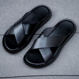 Xajzpa Italian genuine leather slippers for men's beach summer high-quality large size 38-47 flat bottomed herringbone sandals