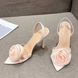 Xajzpa Summer Fashion Silk Rose Flowers Pointed Open Toe Back Strap Sandals Women Red High Heels Wedding Prom Shoes Zapatos Mujer