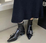 Xajzpa Autumn winter pointed belt buckle thick heel short boots for women high heels back zipper soft leather slimming short boots