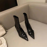 Xajzpa Women's Leather Boots Female Shoes Boots-Women Zipper  Luxury Designer Ladies 2024 High Heel Pointy Med Rubber Mid Calf Mid-Calf