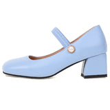 Xajzpa - Elegant Medium Heels Women Pumps Mary Jane Shoes New Spring White Blue Green Heeled Wedding Office Shoes Female Large Size