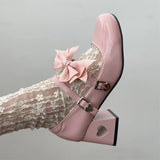 Pink Mary Jane Lolita Shoes Women Autumn Y2K Patent Leather Low Heels Pumps Woman Silk Bowtie Ankle Straps Party Shoes