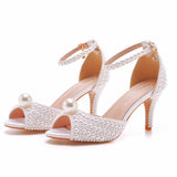 Xajzpa White Pearl Sandals Women Open Toe High Heels Lady Luxury Wedding Shoes Banquet Dress Stiletto