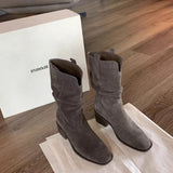 Xajzpa New Style Luxury Women's Retro Brown Western Cowboy Long Boots Women's Fashionable Mid-Calf Pointed Toe Booties Zapatos Mujer