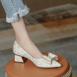 Xajzpa Block Heels For Women Pumps Bow Shoes Lace-Up Shallow Mouth Square Toe Slip On Sandals Ladies 2025 Pointed Wedge Chunky Gold Sli