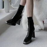 Xajzpa Fashion Women Thick High Heel Ankle Boots Solid Patent Leather Office Pumps Autumn Mujer Square Toe Short Boots