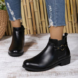 Xajzpa Pu Leather Classics Black Thick Heel Ankle Boots Metal Zipper Low Platform Woman Shoes Winter Round Toe Slip On Short Boots