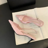 Xajzpa New Designer Black Pink Satin Pointed Toe Women Pumps Shallow Thin High Heels Female Slingbacks Sandals Banquet Wedding Shoes